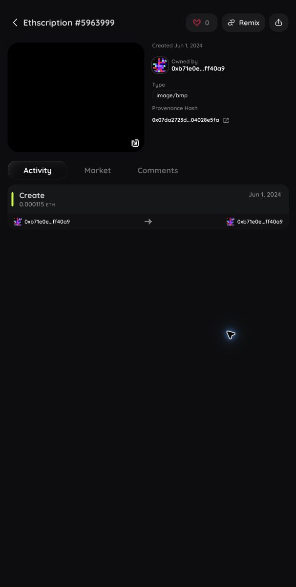 floored Ethscription detail page with creation transaction, owner, activity, market, comments, and remix controls