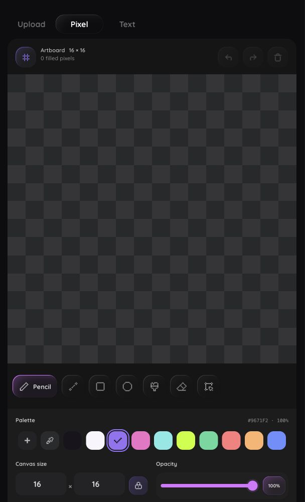 floored Pixel art studio with an empty 16 by 16 grid, drawing tools, palette, canvas size, and opacity controls