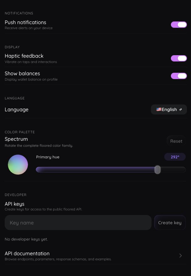 floored Settings showing notification, haptic, balance, language, color, and developer options